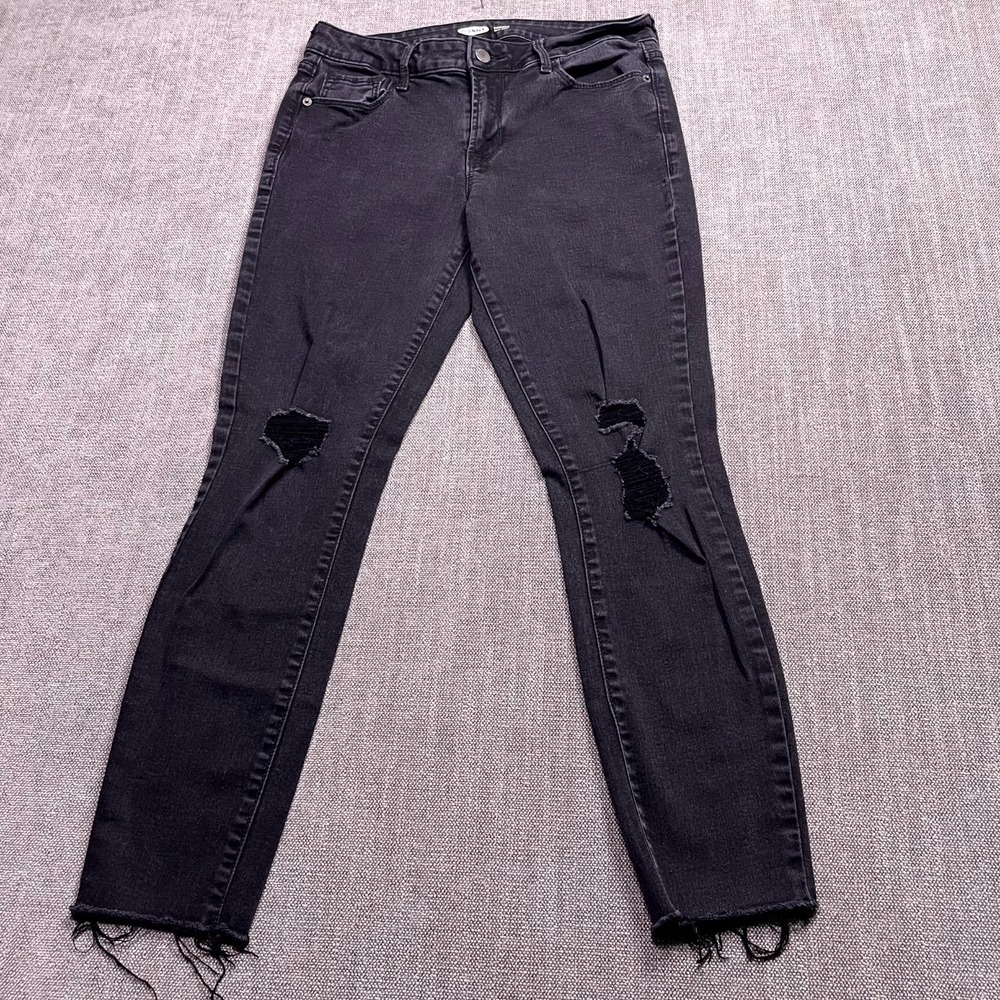 Old Navy Rockstar Super Skinny Jeans Womens 10 Black Denim Distressed Frayed Hem